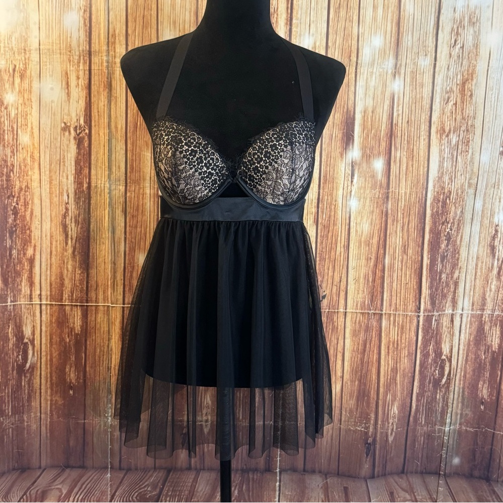 Victoria’s Secret Women Babydoll Halter Black Lace Sheer Lingerie Nightgown 36C